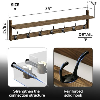 BAMEOS 35" L Wooden Coat Rack Wall Mount, Large Wall Coat Hooks with Shelf, Wall Hanging Shelf with 7 Dual Metal Hooks for Entryway, Bathroom, Kitchen, Living Room, Bedroom - style: Brown-35IN with shelf
