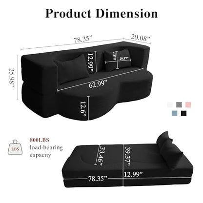 2-in-1 Folding Convertible Sofa Bed - 78 Inch Boneless Loveseat Sleeper, Foldable Floor Futon Couch with Pillow, Pull-Out Modular Matress for Small Spaces (Living Room/Bedroom/Dorm) (Black) - color: Black