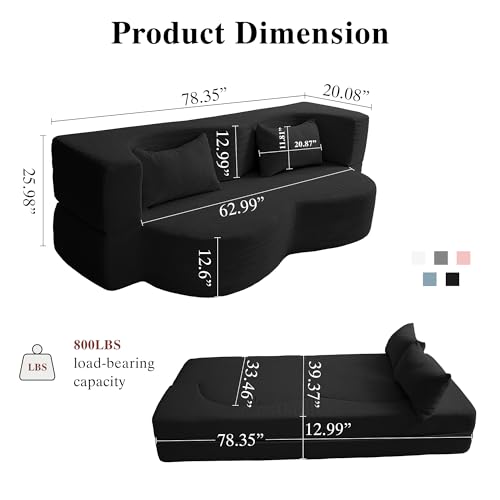 2-in-1 Folding Convertible Sofa Bed - 78 Inch Boneless Loveseat Sleeper, Foldable Floor Futon Couch with Pillow, Pull-Out Modular Matress for Small Spaces (Living Room/Bedroom/Dorm) (Black) - color: Black