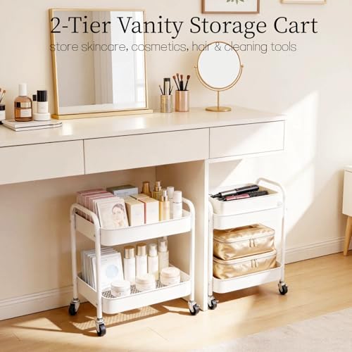 Under Desk Storage Cart 2 Tier Utility Rolling Cart with Wheels, Small Metal Mobile Trolley with Handle Two Tiered Utility Organizer Roller for Kitchen Office Bathroom Pantry Room, White - color: White