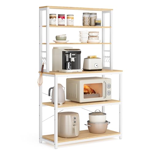 VASAGLE Coffee Bar, 31.5 Inchs 6-Tier Baker's Rack with 6 Hooks | Modern Basic Microwave Stand, 31.5 x 15.7 x 65.7 Inches, Golden Oak and Cloud White, BARNET Collection UKKS019W09 - color: Golden Oak + Cloud White, size: 31.5"W, style: No Power Outlet