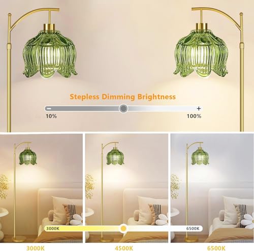 ILLMTW Glass Floor Lamp for Living Room,Bedroom,Gold Mid Century Modern Standing Lamp with Remote,Dimmable Brass Tall Lamp Vintage Tulip Green Arc Flower Floor Light Boho Bohemian - size: Floor Lamp-20
