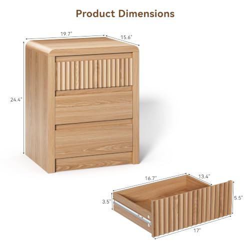 LYNSOM Fluted Nightstand Set of 2, Wood End Table with 3 Drawer, Oak | Mid Century Modern Night Stand with Stoarge, Bedside Table with Curved Profile Design for Living Room, Office, 20" W - color: Oak, size: 3 Drawers