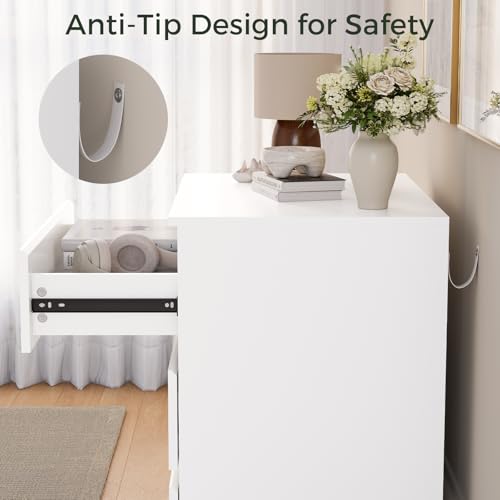 White 3 Drawer Dresser for Bedroom Clothes Storage | Small Space, High Gloss, Handle-Free, Modern, Wide Wooden Chest, for Living Room, Entryway, TV Stand, Night Stand - size: 15.6"D x 22.9"W x 26.2"H (3 Drawers)