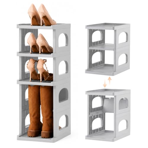 5 Tiers Vertical Shoe Rack for Closet Narrow Shoe Holder Storage Organizer, Plastic Free Standing Shoe Rack Shelf for Entryway Stackable Stability DIY, Grey - color: Grey, size: 11.4"L x 11.8"W x 8.5"H