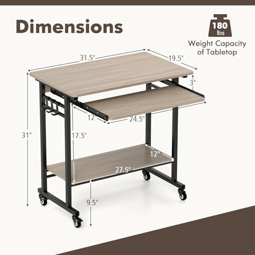 Tangkula Rolling Computer Desk Cart with Keyboard Tray, Mobile Portable Laptop PC Desk with CPU Stand & 3 Hooks for Sofa & Bed, Compact Small Desk on Wheels for Small Spaces (Grey) - color: Grey