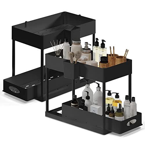 Under Sink Organizers and Storage, Bathroom Cabinet Organizer, Sink Shelf with Utility Hooks and Side Caddy for Under Cabinet Storage | Under Kitchen Sink Organizer with Sliding Drawer, Black (2-Pack) - color: Black, size: Pull-Out - 2 Pack