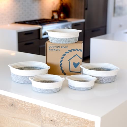 NaturalCozy 5-Piece Round Woven Cotton Rope Storage Baskets for Organizing, Small Shallow Nesting Set for Montessori Toys, Entryway Catchall, Fruit Bowl, Key Tray, Remote Holder, Nursery & Pet Toys - color: Off White & Mixed Gray