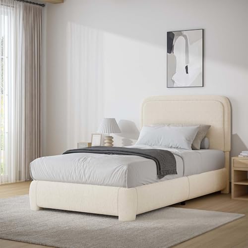 BarnFurin Twin Bed Frame, Cloud Boucle Headboard, Rounded Corners, Cream | Soft boucle and rounded edges create a low-profile cloud look. Wooden slats support the mattress without a box spring - color: Cream, size: Twin