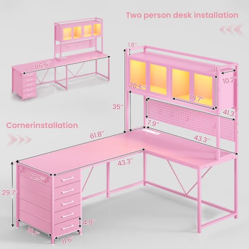 SEDETA L Shaped Gaming Corner Desk with Drawers, Hutch and Storage Shelves | Reversible L Shaped Computer Desk, Gaming Desk with Pegboard, Led Lights, and Power Outlet for Home Office, Small Space, Pink - color: Pink