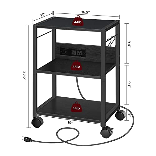 MAHANCRIS Industrial Printer Cart, 3-Tier Mobile Printer Stand, Rolling Cart with Power Outlets and USB Ports, Home Printer Stand with 2 Hooks, for Office, Living Room, Black PTHB40E01 - color: Black