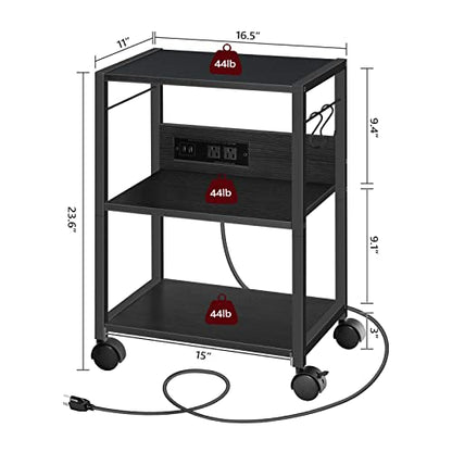 MAHANCRIS Industrial Printer Cart, 3-Tier Mobile Printer Stand, Rolling Cart with Power Outlets and USB Ports, Home Printer Stand with 2 Hooks, for Office, Living Room, Black PTHB40E01 - color: Black