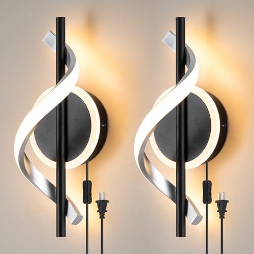 Black Plug in Wall Sconces Sets of 2, 12W Modern Spiral LED Wall Lamp, 3000K Warm White Wall Light Fixture for Stairs Living Room Bedroom Aisle Hallway - color: Black-Warm White