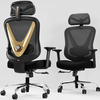 Ergonomic Mesh Office Chair - 3D Adjustable Lumbar Support & 3D Armrests, V-Shaped Back, Adjustable Desk Chair for Office & Home, Black and Gold - color: Black+gold