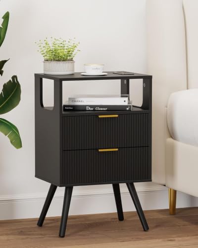 Leomonio Black Nightstand,Modern Bedside Table with 2 Storage Drawer and Open Wood Shelf, for Bedroom and Small Spaces,Night Stand with Solid Wood Legs - color: Black
