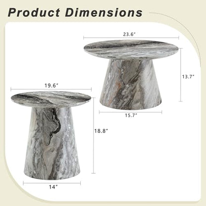 Faux Marble Coffee Table Set of 2, Modern Nesting Tables with Gray and Brown Marble Texture & Sturdy Cone Base, Round Layered Low Profile Accent Tables Ideal for Living Room, APT, Small Space - color: Gray Nesting Coffee Table