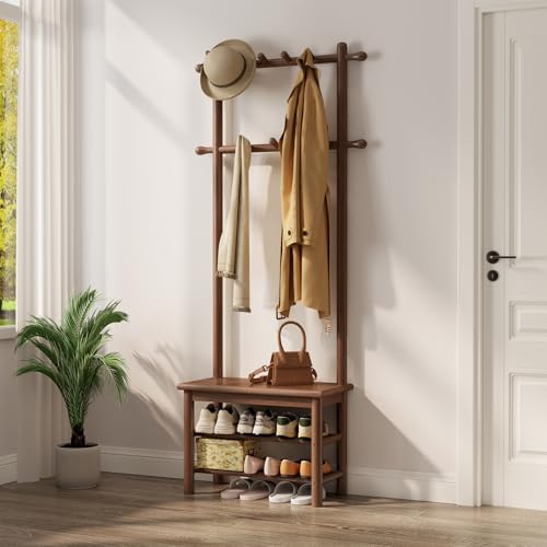 AQIMUELE Coat Rack with Shoe Storage, Narrow Wooden Hall Tree with Bench, 11 Hooks and 2-Tier Storage Shelves, 3-in-1, Entryway Bench with Coat Rack (23.6"-Walnut) - color: Walnut, size: 23.6"