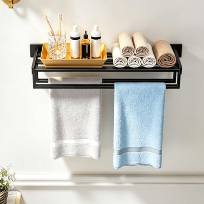 STWWO Towel Racks for Bathroom Wall Mounted, 24 Inch Black Double Towel Bar | Dual Towel Rack with Shelf, Double Towel Bar with Shelf, Stainless Steel Hand Towel Hanger, Bath Towel Holder for Wall - color: Black