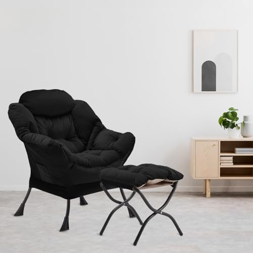 Youtanic Lazy Chair with Folding Ottoman, Accent Chair Velvet Upholstered with Metal Structure and Non-Slip Pads, Sofa Armchair with Footrest and Side Storage Bag for Dorm, Room, Office, Black - color: Black-f