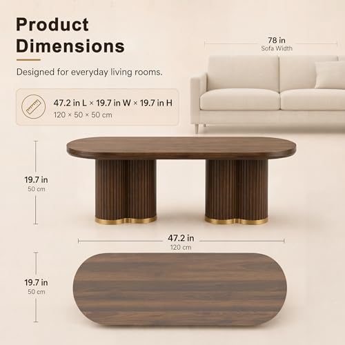 Oval Fluted Coffee Tables for Living Room, 47" Wood Coffee Table,Walnut - color: Walnut