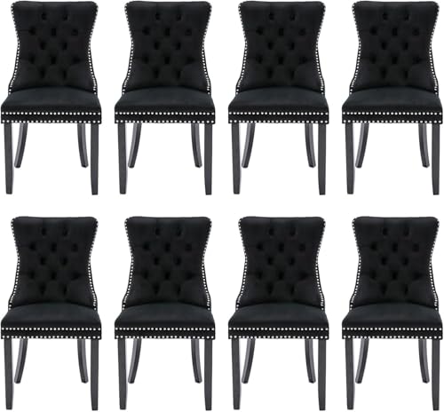 Velvet Upholstered Dining Chairs Set of 8, Modern Style Kitchen Side Chairs with Nailhead Trim and Wood Legs,Metal Pulling Ring for Dining Room Living Room(Black) - color: Black, size: Set of 8