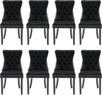 Velvet Upholstered Dining Chairs Set of 8, Modern Style Kitchen Side Chairs with Nailhead Trim and Wood Legs,Metal Pulling Ring for Dining Room Living Room(Black) - color: Black, size: Set of 8