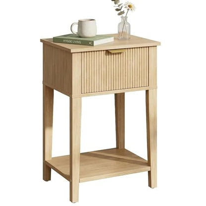 FuniXpress Small Nightstand, 15" Wide, Drawer and Shelf, Natural Oak Fluted | Light oak tone, clean fluted front, 11.8-inch slim depth, smart storage, fits bedside, sofa side, or small spaces - color: Natural Oak