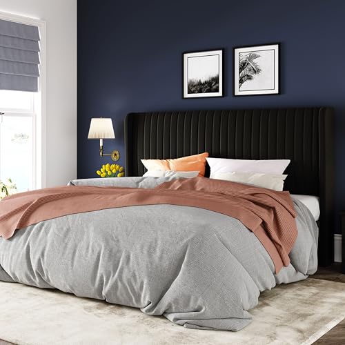Allewie King Size Velvet Bed Frame/Vertical Channel Tufted Wingback Headboard/Upholstered Platform Bed/Strong Wooden Slats/No Box Spring Needed/Easy Assembly/Black - color: Black, size: King
