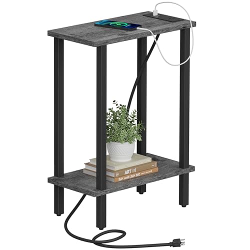 TUTOTAK Narrow Side Table, 2-Tier Small End Table with Charging Station | Skinny Sofa Table, Slim Nightstand, Easy Assembly for Living Room, Bedroom, Grey TB01BY060 - color: Charcoal Grey, size: 2-tier