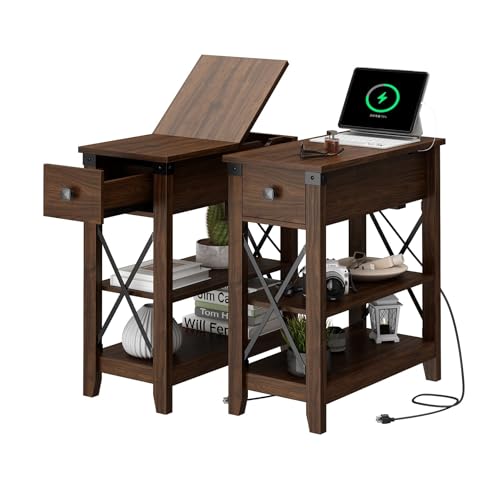 Awescuti Narrow End Table with Charging Station - Farmhouse Slim Side Table Set of 2, w/USB Ports Power Outlets, Nightstand w/Flip Top Storage Drawer, for Small Spaces Living Room Bedroom, Walnut - color: Walnut, size: Set