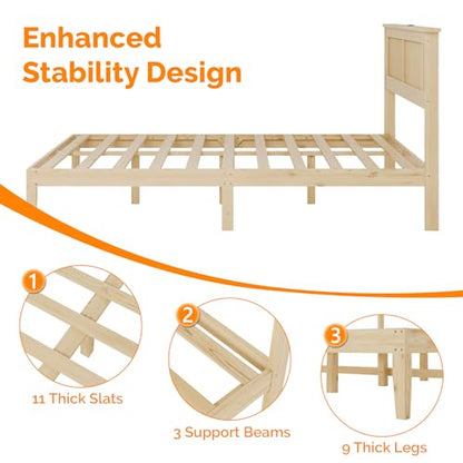 VINGLI Rattan King Bed Frame with Rattan Headboard,Boho Platform Bed with Charging Station and Underbed Storage for Bedroom,Solid Wooden Slats Surpport, Noise Free,Natural - size: King