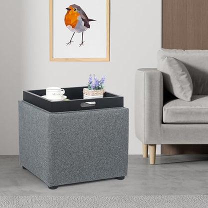 Storage Square Ottoman with Tray, Small Linen Foot Rest Stool Cube, Coffee Table for Dorm Living Room Bedroom, Gray - color: Tray, Grey