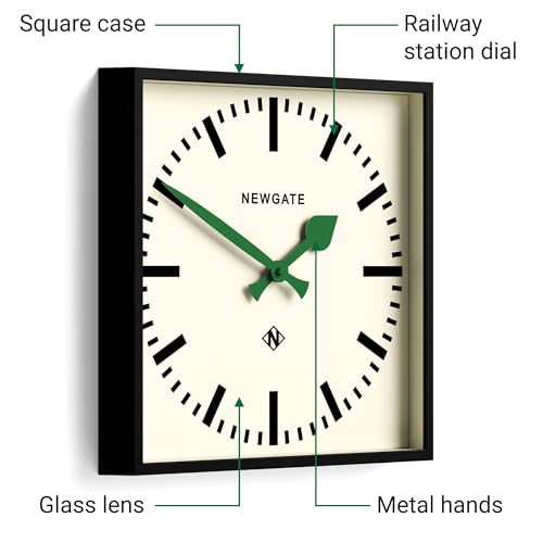 NEWGATE® Number Five wall Clock | Square Retro Inspired Modern Station Clock | 16" | Black with Green Hands | Mid-Century Style for Kitchen, Living Room or Office - color: Green