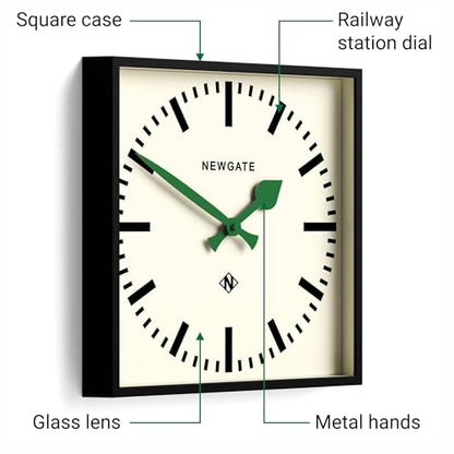 NEWGATE® Number Five wall Clock | Square Retro Inspired Modern Station Clock | 16" | Black with Green Hands | Mid-Century Style for Kitchen, Living Room or Office - color: Green