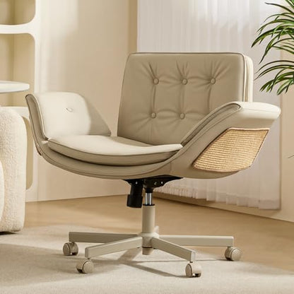 amseatec Criss Cross Office Chair, Swivel Makeup Vanity Chair with Wheels | Wide PU seat for cross-legged, fidget-friendly sitting; 5-level armrests create pet space; wipe-clean; cat scratch pad option - color: Camel Linen