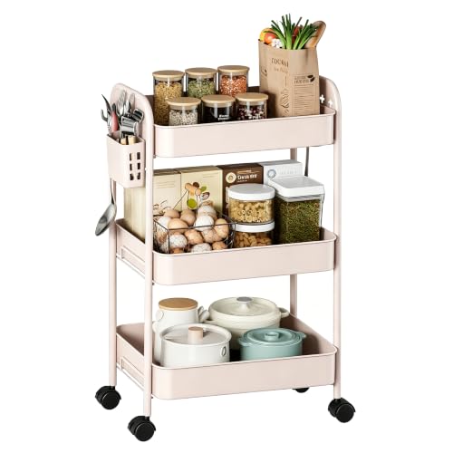 Heavy-Duty Rolling Cart 3 Tier Metal Utility Storage Cart | with Casters, Hooks & Hanging Cups, Rolling Storage Organizer for Kitchen Office Craft Snack Book - color: Blush Pink