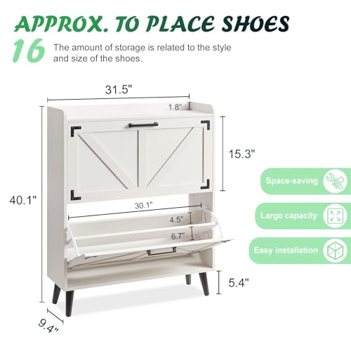 Barnyatoh Shoe Storage Cabinet with 2 Flip Drawers,Hidden Shoe Organizer | Farmhouse Freestanding Narrow Slim Shoes Rack Cabinet with Adjustable Shelves for Entryway Hallway,Antique White - color: Antique White