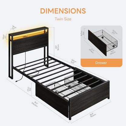 LIKIMIO Twin Bed Frame with DIY Layout Storage Drawers and LED Light | Black Platform Bed with 2-Tier Storage Shelf Headboard, Built-in Charging Station, Suitable for Teen Rooms, Small Space - size: Twin