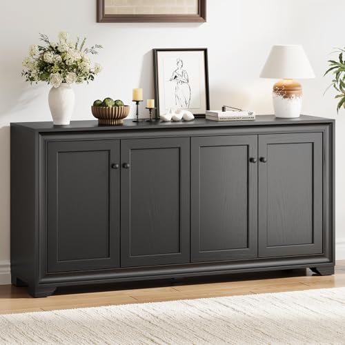 60" Buffet Cabinet with Storage, 4 Doors & Adjustable Shelves Black | Credenza Sideboard Cabinets Wood with Adjustable Shelves, Modern Kitchen Coffee Bar Table for Dining Living Room, Entryway - color: Black