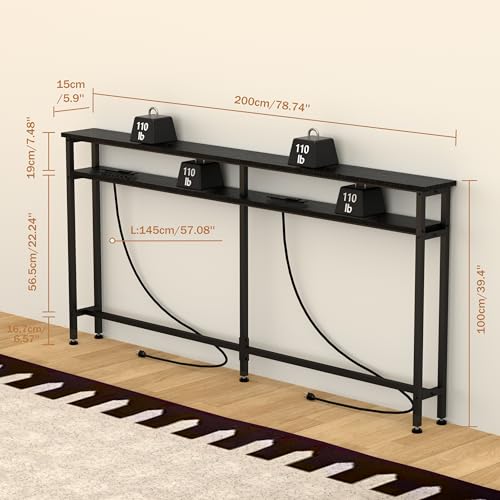 Keelian 78 Inch Double-Layer Narrow Console Sofa Table with 2 Power Outlets &4 AC Plugs&4 USB Ports, 4.9' Extension Cord Included, Behind Couch Table for Living Room/Office Easy Assembly - Black