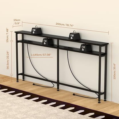 Keelian 78 Inch Double-Layer Narrow Console Sofa Table with 2 Power Outlets &4 AC Plugs&4 USB Ports, 4.9' Extension Cord Included, Behind Couch Table for Living Room/Office Easy Assembly - Black