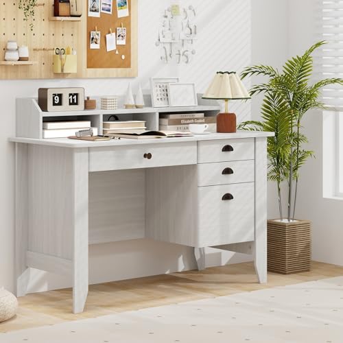 48" Computer Desk with 4 Storage Drawers and Hutch Wood Executive Table for PC Laptop