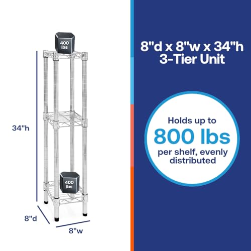 Shelving Inc. 8" d x 8" w Chrome Wire Shelving with 3 Tier Shelves, Weight Capacity 800lbs Per Shelf - size: 8" d x 8" w x 34" h