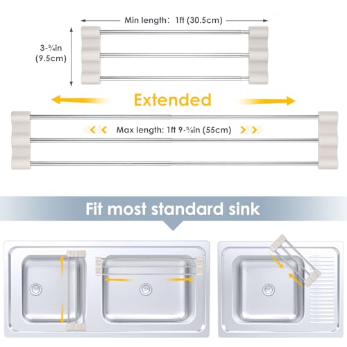 Tomorotec Adjustable Over-The-Sink Kitchen Rack, BPA-Free, White | Holds 16.5 Lbs; For Dishcloths, Sponges, and Brushes - Heat-Resistant Stainless Steel with Slim, Expandable Design - color: White