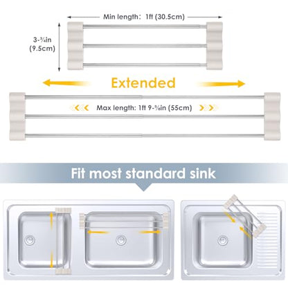 Tomorotec Adjustable Over-The-Sink Kitchen Rack, BPA-Free, White | Holds 16.5 Lbs; For Dishcloths, Sponges, and Brushes - Heat-Resistant Stainless Steel with Slim, Expandable Design - color: White