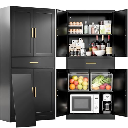 CJF 71" Metal Kitchen Pantry Cabinet with Drawer, Tall Storage Cabinet with 2 Adjustable Shelves and Doors, Heavy Duty Freestanding Floor Cupboard for Home, Kitchen, Dining, Living, Black - color: Black, size: 71"Hx 28"Wx 14"D-1Drawer