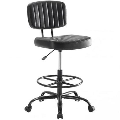 DUMOS Armless Drafting Chair, Standing Desk Chair, Rolling Stool | Ergonomic Low Back Office Seat, Height Adjustable with Footrest Ring, PU Leather, Swivel Wheels, Studio Lab Counter, Black - color: Black