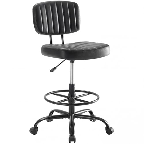 DUMOS Armless Drafting Chair, Standing Desk Chair, Rolling Stool | Ergonomic Low Back Office Seat, Height Adjustable with Footrest Ring, PU Leather, Swivel Wheels, Studio Lab Counter, Black - color: Black