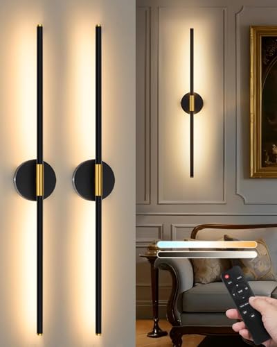 24" Battery Operated Wall Sconce Set of 2, 350° Rotating Lamp, Black Gold | Wireless, 8000mAh Rechargeable Battery, Stepless Dimming, 3000K-6000K, Remote & Touch Control, Timer, Living Room, Bedroom - color: Black Gold, size: 24 Inch (2 Pack)