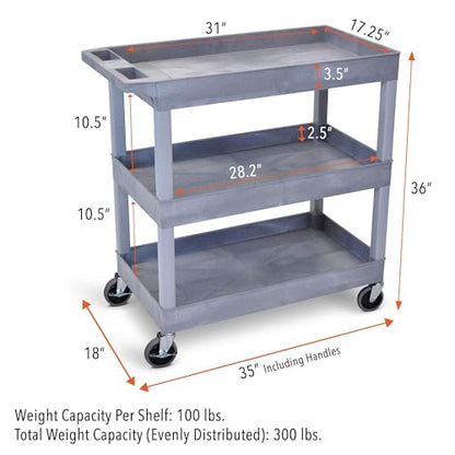Tubstr 3-Tier Rolling Utility Cart with Wheels | Supports 300 lbs. Total | Heavy-Duty Capacity for Garage Storage, Office Spaces, & Kitchen Use | Durable Tool Cart with Locking Wheels (Gray, 32 x 18) - color: Gray